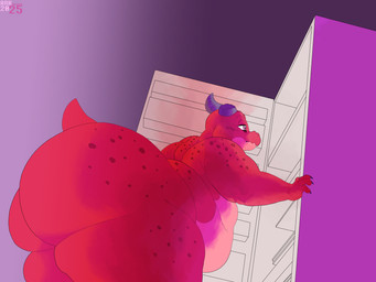 anthro appliance belly big_belly big_butt bottom_heavy broken_horn butt claws freckled_back freckled_butt freckled_shoulders freckles fridge horn huge_butt huge_thighs hungry hyper hyper_butt hyper_thighs kitchen_appliance male midnight_snack overweight overweight_anthro overweight_male short_tail solo tail thick_thighs tired tired_eyes arkveveen_(artist) hookjaw_(mngoez) kobold scalie 4:3 hi_res