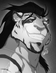 anthro hair looking_at_viewer male scar solo thechamba dazen_(character) felid mammal pantherine tiger 2013 greyscale hi_res monochrome