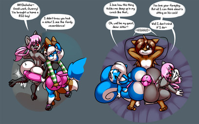 accessory anthro big_butt big_penis bodily_fluids boots bottomwear brown_eyes brown_hair butt butt_grab clothing collaborative collaborative_hot_dogging collaborative_sex erection exclamation_point female footwear genital_fluids genitals gloves_(marking) grey_body group hair hair_accessory hairpin half-closed_eyes hand_on_butt high_heeled_boots high_heels hot_dogging huge_butt leg_markings loli looking_at_viewer lying male male/female markings multicolored_body narrowed_eyes nude on_back one_eye_closed open_mouth penis pillow pink_hair precum sex shirt shoes shorts shota smile sneakers socks_(marking) speech_bubble text topwear trio two_tone_body white_hair young young_anthro young_female young_male norithics bethany_blacksboro gwen_mason luca_the_fox canid canine domestic_cat felid feline felis fox mammal mephitid skunk english_text hi_res