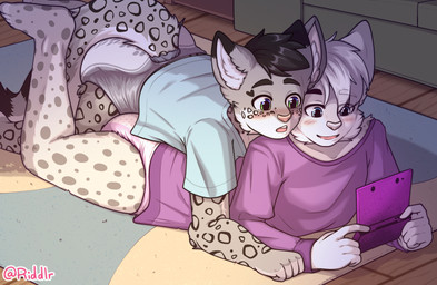 ageplay anthro black_hair blue_clothing blue_eyes blue_topwear blush cheek_tuft clothed clothing diaper duo facial_tuft fur furniture gaming glistening glistening_eyes green_eyes grey_body grey_diaper grey_fur hair holding_console infantilism inside lying male male_anthro markings multicolored_eyes on_front on_top open_mouth open_smile pink_diaper playing_video_game purple_clothing purple_topwear roleplay rug short_hair smile sofa spots spotted_legs spotted_markings spotted_tail tail tail_markings topwear tuft two_tone_eyes wearing_diaper white_body white_diaper white_fur white_hair riddlr nintendo nintendo_3ds nintendo_ds_family felid mammal pantherine snow_leopard hi_res