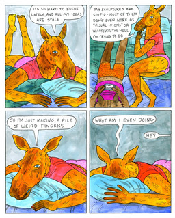 anthro blue_eyes boxers_(clothing) brown_body brown_fur clothing colored_nails dialogue duo feet female fingernails fur humanoid_feet humanoid_hands lying male nails on_back on_front on_side orange_boxers orange_clothing orange_underwear panties pink_clothing pink_panties pink_underwear plantigrade purple_clothing purple_shirt purple_topwear red_clothing red_fingernails red_nails red_shirt red_topwear shirt snout speech_bubble text topwear underwear lisa_hanawalt deer domestic_cat felid feline felis mammal moose new_world_deer comic english_text hi_res traditional_media_(artwork)