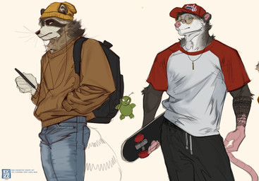 anthro arm_tattoo backpack band-aid band-aid_on_face band-aid_on_nose bandage bandage_on_face bandage_on_nose baseball_cap beanie bottomwear brown_body brown_fur cellphone clothed clothed_anthro clothed_male clothing denim denim_bottomwear denim_clothing duo electronics eyewear facial_markings fully_clothed fully_clothed_anthro fully_clothed_male fur glasses grey_body grey_fur hairless_tail hat head_markings headgear headphones headwear holding_cellphone holding_object holding_phone holding_smartphone jeans male markings mask_(marking) pants phone shirt skateboard skater smartphone sweater t-shirt tattoo text topwear vehicle wearing_glasses whiskers ekzonzz american_opossum mammal marsupial procyonid raccoon absurd_res english_text hi_res