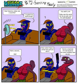 abs anthro breasts censor_bar cochlear_implant_processor convenient_censorship deaf dialogue duo featureless_breasts female furniture ribbons simple_background sofa text baristagamerproductions ada_(gem_hunters) phoebe_(gem_hunters) felid feline mammal reptile scalie snake absurd_res comic english_text hi_res