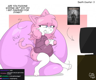 anthro bean_bag blue_eyes breasts chat_box clothing controller countershade_face countershading dialogue electronics fangs female fur game_controller hair legwear monitor pink_body pink_fur pink_hair pregnancy_progression pregnant pregnant_anthro pregnant_female profanity sitting small_breasts solo sweater teeth television text thick_thighs thigh_highs topwear turtleneck twitch_chat white_body white_fur guzzlord420 dark_souls fromsoftware vg_cats aeris_(vg_cats) domestic_cat felid feline felis mammal 2025 digital_drawing_(artwork) digital_media_(artwork) english_text hi_res