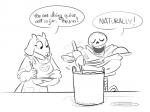 :3 anthro apron armor bone bowl breasts clothing container cooking dialogue duo eyelashes eyes_closed female horn male open_mouth skeleton smile speech_bubble stirring text catnippackets undertale undertale_(series) papyrus_(undertale) toriel animated_skeleton boss_monster_(undertale) bovid caprine mammal undead 4:3 black_and_white english_text monochrome