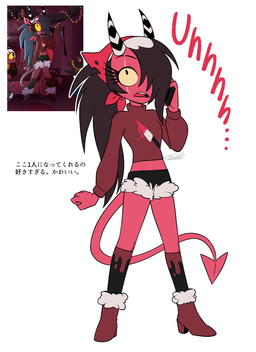 clothed clothing facial_scar female not_furry scar simple_background solo spade_tail tail text white_background enaic31 hellaverse helluva_boss sallie_may_(helluva_boss) demon demon_humanoid humanoid imp absurd_res hi_res japanese_text redraw reference_image translation_request trans_(lore) trans_woman_(lore)