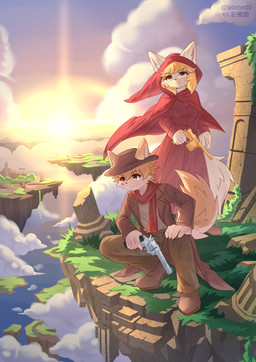 anthro blonde_hair duo female gun hair handgun levitation male ranged_weapon revolver sky weapon yellow_body lalamedli cyberconnect2 fuga:_melodies_of_steel little_tail_bronx hack_montblanc mei_marzipan canid caninu mammal absurd_res hi_res