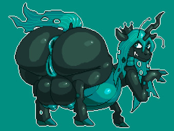 antennae_(anatomy) anus big_butt big_teats black_body blue_nipples butt butt_focus claws crotch_breasts crown evil_grin fangs female feral genitals green_eyes green_hair hair headgear holes_in_body holes_in_horn hooves huge_butt hyper hyper_butt long_hair nipples obese overweight plump_labia puffy_anus puffy_nipples quadruped smile solo teats teeth vulva gammaspeed69_(artist) friendship_is_magic hasbro my_little_pony queen_chrysalis_(mlp) changeling_(mlp) equid equine horse mammal pony