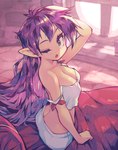 bed bed_sheet bedding blue_eyes breasts cleavage clothed clothing female furniture hair humanoid_pointy_ears long_hair looking_at_viewer not_furry one_eye_closed pajamas pillow pointy_ears purple_hair solo tan_body tan_skin parororo shantae_(series) wayforward shantae genie humanoid