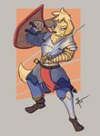 action_pose ambiguous_gender anthro armor blue_eyes gambeson knight looking_at_viewer melee_weapon pose roman_clothing shield solo sword warrior weapon thelivingtrashcan dungeons_and_dragons hasbro wizards_of_the_coast bird_dog canid canine canis domestic_dog golden_retriever hunting_dog mammal retriever 2019 hi_res