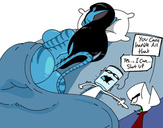 argument bed bed_sheet bedding big_butt biped black_hair blue_body breasts butt dialogue female for_a_head furniture glistening glistening_body group hair larger_female long_hair lying on_side pillow size_difference speech_bubble text thick_thighs trio itz_not_v james_cameron's_avatar alien humanoid na'vi object_head english_text hi_res