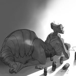 anthro arthropod_abdomen beverage big_breasts bodily_fluids breasts curvy_figure energy_drink female gaming nerd non-mammal_breasts overweight overweight_anthro overweight_female slightly_chubby slightly_chubby_female solo sweat thick_thighs voluptuous wide_hips ciircuit arthropod insect 1:1 2018 monochrome