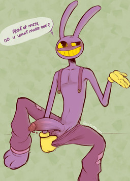 4_fingers anthro balls big_balls big_penis blush bodily_fluids clothing clothing_pull dialogue eyebrows fingers genital_fluids genitals looking_aside male penis precum raised_eyebrow sitting solo text cataxdrk2020 glitch_productions the_amazing_digital_circus jax_(tadc) lagomorph leporid mammal rabbit colored english_text hi_res