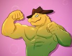 5_fingers abs anthro biceps big_muscles biped clothing cowboy_hat cowboy_hat_only fingers flexing_biceps green_body hat hat_only headgear headgear_only headwear headwear_only male mostly_nude multicolored_body muscular muscular_anthro muscular_male pecs solo white_eyes yellow_body k_alligatordraw glitch_productions the_amazing_digital_circus gummigoo_(tadc) alligator alligatorid crocodilian reptile scalie 2024