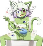 3_tongues 4_eyes 4_mouths anthro balls belly_mouth blue_eyes blue_tongue blush bodily_fluids eye_nipples fangs forked_tongue fur genitals gesture green_balls green_body green_ears green_fur green_tail hair hand_gesture heart_symbol heterochromia highlights_(coloring) inner_ear_fluff loose_hair male multi_eye multi_mouth multi_tongue multicolored_body multicolored_fur nude open_mouth open_smile penis pink_tongue purple_highlights saliva sentient_penis sharp_teeth sitting smile snake_penis solo spread_legs spreading tail teeth tongue tongue_out tuft two_tone_body two_tone_fur unusual_anatomy unusual_genitalia unusual_penis v_sign what white_body white_hair young young_anthro chaos_iyoji nawoshida arbre_(hane) domestic_cat felid feline felis mammal reptile scalie snake hi_res signature