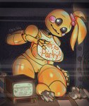 anthro bib black_sclera bottomless chromatic_aberration clothed clothing female fingers genitals heart_eyes heart_symbol kneeling looking_at_viewer machine pussy solo static oysterkibble five_nights_at_freddy's five_nights_at_freddy's_2 scottgames toy_chica_(fnaf) animatronic avian bird chicken galliform gallus_(genus) phasianid robot 2024 digital_media_(artwork) hi_res