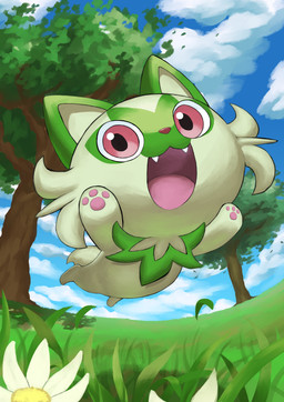 ambiguous_gender cloud cute_fangs fangs feral flower fur grass green_body green_ears green_fur green_tail open_mouth open_smile pawpads paws pink_eyes pink_nose plant smile solo tail teeth tree zira2626 nintendo pokemon generation_9_pokemon pokemon_(species) sprigatito 2026 absurd_res hi_res