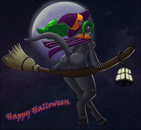 anthro anus biped broom broom_riding butt cape cleaning_tool clothing feet female flying genitals green_hair hair hat headgear headwear hindpaw holidays lamp lantern long_hair looking_at_viewer magic_user moon night outside pawpads paws sitting sky solo star starry_sky tail text vulva witch witch_hat dark_nurse halloween felid mammal english_text