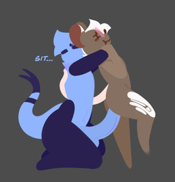 annoyed anthro big_penis blue_body brown_body brown_fur chokehold dominant duo fur genitals larger_dom male male/male markings penis size_difference struggling hailey_png envy_hailey_(hailey_png) mocha_(mochatherat) mammal murid murine rat reptile rodent scalie hi_res