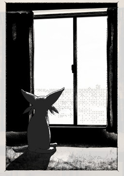 ambiguous_feral ambiguous_gender cheek_tuft dim_lighting facial_tuft feral forked_tail inside quadruped rear_view solo tail tuft unusual_anatomy unusual_tail window masha nintendo pokemon eeveelution espeon generation_2_pokemon pokemon_(species) 2026 digital_drawing_(artwork) digital_media_(artwork) monochrome