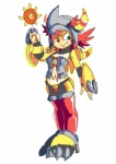 alternate_species armor breasts claw_(weapon) clawed_gauntlets clawed_shoes clothing digimorph female gauntlets gloves green_eyes grin handwear headgear helmet horn horned_helmet human_only humanized mecha_musume melee_weapon navel not_furry simple_background smile solo weapon white_background dhelios bandai_namco digimon digimon_(species) human mammal wargreymon full-length_portrait grandfathered_content portrait