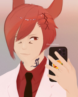 accessory bangs biped black_necktie cellphone clothed clothing electronics facial_markings formal_clothing front_view fully_clothed hair head_markings jacket long_bangs looking_at_object looking_at_phone looking_at_viewer male markings mirror mirror_selfie neck_tattoo necktie phone red_clothing red_eyes red_hair red_shirt red_topwear selfie shirt side_swept_bangs simple_background smartphone smile smirk solo topwear white_clothing white_jacket white_topwear borealhao final_fantasy final_fantasy_xiv final_fantasy_xiv:_a_realm_reborn square_enix g'raha_tia animal_humanoid cat_humanoid felid felid_humanoid feline feline_humanoid humanoid mammal mammal_humanoid miqo'te 2023 4:5 bust_portrait digital_media_(artwork) hi_res portrait watermark