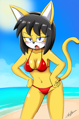 5_fingers anthro beach bikini black_hair black_nose blue_eyes blush breasts clothed clothing day fangs female fingers fur hair humanoid_hands looking_at_another multicolored_body multicolored_fur navel open_mouth red_bikini red_clothing red_swimwear sand sea seaside solo sun swimwear teeth tongue two-piece_swimsuit two_tone_body two_tone_fur water white_body white_fur yellow_body yellow_fur mrthunderigor00 sega sonic_the_fighters sonic_the_hedgehog_(series) honey_the_cat domestic_cat felid feline felis mammal digital_media_(artwork) hi_res signature