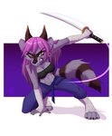 4_toes 5_fingers anthro black_nose breasts clothed clothing feet female fingers hair holding_melee_weapon holding_object holding_sword holding_weapon melee_weapon purple_hair reverse_grip solo sword toes weapon yellow_eyes wolflady mammal procyonid raccoon 2022 character_request digital_media_(artwork)