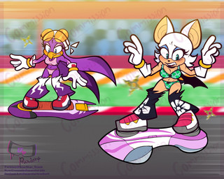 anthro beak big_breasts blue_eyes blush bra breasts camel_toe clothing duo eyeshadow eyewear eyewear_on_head female fur gloves green_eyes hair handwear hoverboard kerchief lipstick long_hair makeup membrane_(anatomy) membranous_wings non-mammal_breasts purple_body purple_fur ranged_weapon shuriken small_breasts sunglasses sunglasses_on_head tan_body thick_thighs torn_clothing underwear weapon wearing_sunglasses white_body white_fur wings worried_look scarstar sega sonic_riders sonic_the_hedgehog_(series) rouge_the_bat wave_the_swallow avian bat bird hirundinid mammal oscine passerine swallow_(bird) 5:4 alternate_version_at_source hi_res