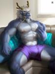 2018 5_fingers abs anthro areola arms_bent asian_mythology barazoku barbel_(anatomy) beckoning bent_legs biceps big_biceps big_muscles big_pecs biped black_claws blue_body blue_skin body_hair boxer_briefs bulge claws clothed clothing digital_media_(artwork) dragon east_asian_mythology eastern_dragon eyebrows facial_hair fingers flesh_whiskers furniture gesture hair happy_trail hi_res horn huge_muscles humanoid_pointy_ears inside legs_over_edge looking_at_viewer male manspreading mature_anthro mature_male multicolored_body multicolored_skin muscular muscular_anthro muscular_male mustache mythological_creature mythological_scalie mythology nipples on_sofa over_edge pecs pillow pose prabhu_tirtha_prakasa pubes purple_clothing purple_underwear scalie sitting sofa solo spread_legs spreading takahirosi thick_thighs topless two_tone_body two_tone_skin underwear whiskers white_body white_hair white_skin window yellow_eyes