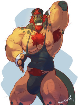 5_fingers abs abstract_background anthro arm_hair armpit_hair beard biceps big_bulge biped black_clothing black_markings black_nails black_shirt black_tank_top black_thong black_topwear black_underwear body_hair bottomwear bulge chest_hair chest_tuft clothed clothing clothing_grab clothing_pull colored_nails facial_hair fingerless_gloves fingers gloves grin grinning_at_viewer hair hand_on_clothing handwear happy_trail leg_hair male markings muscular muscular_anthro muscular_male nails nipples partially_clothed pecs pink_nipples pubes red_beard red_facial_hair red_hair serratus shirt simple_background skimpy smile smiling_at_viewer solo tan_body tank_top teeth text thong topwear triceps tuft underwear ritsukaxan tagg dinosaur prehistoric_species reptile scalie 2020 3:4 artist_name colored digital_drawing_(artwork) digital_media_(artwork) english_text hi_res portrait signature three-quarter_portrait