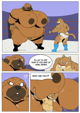 anthro areola big_areola big_moobs black_boots black_clothing black_footwear blue_boots blue_clothing blue_footwear boots bottomwear briefs brown_areola brown_body brown_ear_tips brown_fur brown_mouth brown_nipples camo camo_bottomwear camo_briefs camo_clothing camo_print clothing dialogue dipstick_ears duo ear_markings fangs fighting_ring footwear fur huge_moobs larger_male male moob_grab moobs multicolored_ears muscular muscular_anthro muscular_legs muscular_male nipples obese obese_anthro obese_male overweight overweight_anthro overweight_male pattern_bottomwear pattern_clothing shoes size_difference speech_bubble teeth text thick_thighs underwear white_briefs white_clothing white_underwear wrestler wrestling wrestling_boots wrestling_briefs reagan700 puma_(houndgrey) sgt._slobber canid canine canis cougar domestic_dog felid feline mammal rhodesian_ridgeback comic digital_media_(artwork) english_text hi_res multiple_scenes shaded