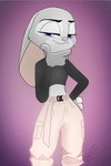 anthro clothed clothing female fully_clothed fur grey_body grey_fur midriff purple_background purple_eyes simple_background solo bubblecop disney zootopia judy_hopps lagomorph leporid mammal rabbit hi_res signature