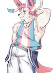 anthro biceps blue_eyes blush bottomwear clothing fur hair hand_behind_head lgbt_pride male muscular muscular_anthro muscular_male nipples pants pecs pink_hair pose pride_color_clothing pride_color_shirt pride_color_tank_top pride_color_topwear pride_colors ribbons shirt simple_background smile solo standing tank_top topwear transgender_pride_colors tricep white_background white_body white_fur hemuchang nintendo pokemon eeveelution generation_6_pokemon pokemon_(species) sylveon hi_res