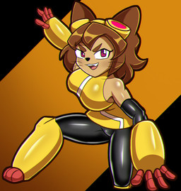 anthro big_breasts breasts brown_body brown_hair clothing eyebrows eyewear eyewear_on_head female glistening goggles goggles_on_head hair kneeling magenta_eyes open_mouth open_smile smile solo whiskers robveemo gameoverse glitch_productions kit_bodega domestic_cat felid feline felis mammal 2026 hi_res