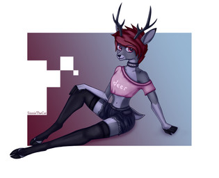 abstract_background anthro antlers bottomwear clothed clothing collar crossdressing denim denim_bottomwear denim_clothing denim_shorts femboy fur grey_body grey_fur hair hooves horn legwear male navel purple_eyes purple_hair shorts simple_background solo tail thigh_highs transparent_background waist sinniethecat marlyn_(hailmure) deer mammal new_world_deer reindeer absurd_res alpha_channel hi_res