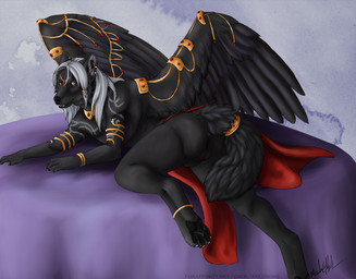 anthro backsack balls biped blush butt claws clothed clothing ear_piercing feathered_wings feathers fur furgonomic_piercing furgonomics gem genitals gold_(metal) grey_hair hair harem harem_outfit jewelry long_hair looking_at_viewer male open_mouth piercing pose ruby_(gem) sarong simple_background skimpy solo spread_legs spreading tattoo wings yellow_eyes krimzen_redwing seth_decortez canid canine canis mammal wolf 2015 pinup