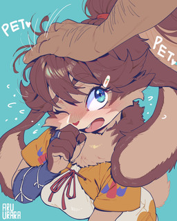 accessory anthro blue_eyes blush breasts brown_body brown_fur brown_hair clothing disembodied_hand duo eyebrow_through_hair eyebrows eyelashes female female_focus fur hair hair_accessory hair_tie hand_on_head headpat neck_tuft one_eye_closed open_mouth ponytail solo_focus tan_body tan_fur translucent translucent_hair tuft aruurara star_wars star_wars_visions lop_(star_wars_visions) human lagomorph lepi leporid mammal rabbit 2025 hi_res