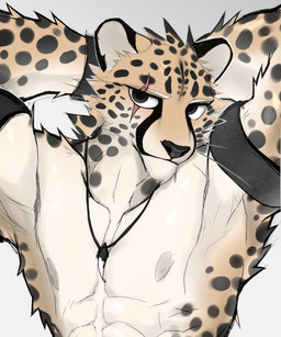 abs anthro armband athletic athletic_anthro athletic_male biped black_armband eye_scar facial_scar fur hands_behind_head male male_anthro markings nipples pecs scar simple_background solo spots spotted_body spotted_fur tan_body tan_fur tooth_necklace white_background yellow_body yellow_fur kojiray cheetah felid feline mammal digital_media_(artwork) hi_res