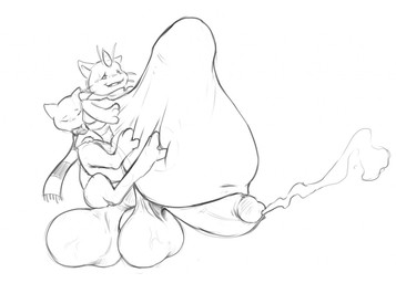 balls belly big_balls big_belly big_penis bodily_fluids cum cum_inflation cum_inside duo genital_fluids genitals inflation male penis scarf simple_background white_background saphiros nintendo pokemon generation_1_pokemon legendary_pokemon meowth mew_(pokemon) pokemon_(species) 2015 monochrome