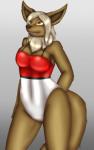 anthro anthrofied canid canine clothing eevee female generation_1_pokemon hi_res koekoek mammal nintendo one-piece_swimsuit pokemon pokemon_(species) pokemorph simple_background smile solo swimwear