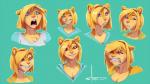 2013 angry anthro blonde_hair breasts buckteeth bust_portrait chest_tuft cleavage clenched_teeth clothed clothing confusion expression_sheet female fur hair heart_symbol mammal maybell model_sheet portrait red_eyes rodent sciurid shocked smile solo stoopix teeth tree_squirrel tuft