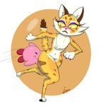 anthro blush duo female fur male pink_body shocked sucking tail yellow_body arturfox kirby_(series) kirby_and_the_forgotten_land nintendo clawroline kirby felid leopard mammal pantherine waddling_head 1:1 hi_res