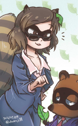 :3 anthro blue_eyes brown_eyes business_suit clothing duo eyewear facial_markings female gesture glasses hand_gesture head_markings holding_leaf leaf male markings mask_(marking) pointing smile suit wearing_glasses chamaji animal_crossing nintendo touhou mamizou_futatsuiwa tom_nook_(animal_crossing) animal_humanoid canid canid_humanoid canine canine_humanoid humanoid mammal mammal_humanoid raccoon_dog tanuki tanuki_humanoid 2016 5:8 crossover dated hi_res