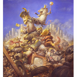 ambiguous_gender anthro bag brown_body brown_fur city electronics feral fungus fur group holding_object holding_spatula holding_tool mushroom open_mouth spatula tail television tin_can tire tools trash trash_bag justin_gerard american_opossum avian bird columbid felid mammal marsupial murid murine pigeon procyonid raccoon rat rodent 1:1 2019 hi_res traditional_media_(artwork)