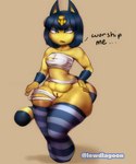 4_fingers anthro blue_eyebrows blue_eyeshadow blue_hair breasts clothing eyebrows eyeshadow female fingers genitals hair looking_aside makeup nipples open_mouth pussy solo text uraeus yellow_body lewdlagoon animal_crossing nintendo ankha_(animal_crossing) domestic_cat felid feline felis mammal 2020 5:6 absurd_res english_text hi_res