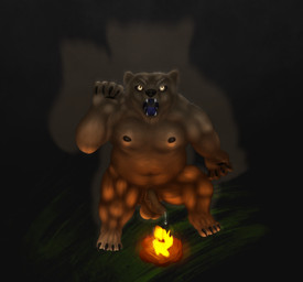 anthro balls bodily_fluids camping dark fire genital_fluids genitals light male musclegut muscular night overweight penis precum slightly_chubby solo peebs bear mammal absurd_res hi_res lighting
