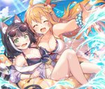 big_breasts black_body black_fur black_hair blush breasts cleavage clothed clothing duo eyewear female fur glistening glistening_eyes green_eyes hair long_hair orange_hair simple_background small_breasts sunglasses swimwear takase_kou cygames princess_connect! princess_connect!_re:dive karyl_(princess_connect!) pecorine_(princess_connect!) animal_humanoid cat_humanoid felid felid_humanoid feline feline_humanoid human humanoid mammal mammal_humanoid hi_res