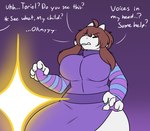 alternate_species anthro big_breasts bovid breasts caprine clothed clothing comic digital_media_(artwork) english_text female frisk_(undertale) fur goat hair horn long_ears long_hair mammal offscreen_character robertge simple_background solo text undertale undertale_(series) white_body white_fur