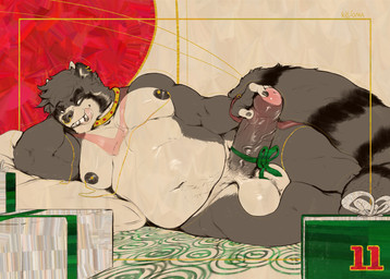 anthro areola ball_tuft balls barbell_piercing belly biceps big_balls big_penis bow_ribbon box container ear_piercing erection foreskin genitals gift_box gift_wrapping harem_jewelry horn jewelry licking licking_lips lounging male moobs nipple_chain nipple_dip nipple_piercing nipples overweight overweight_anthro overweight_male pecs penis piercing pose solo tongue tongue_out tuft vein veiny_penis killioma ludd demon mammal procyonid raccoon 2025 pinup